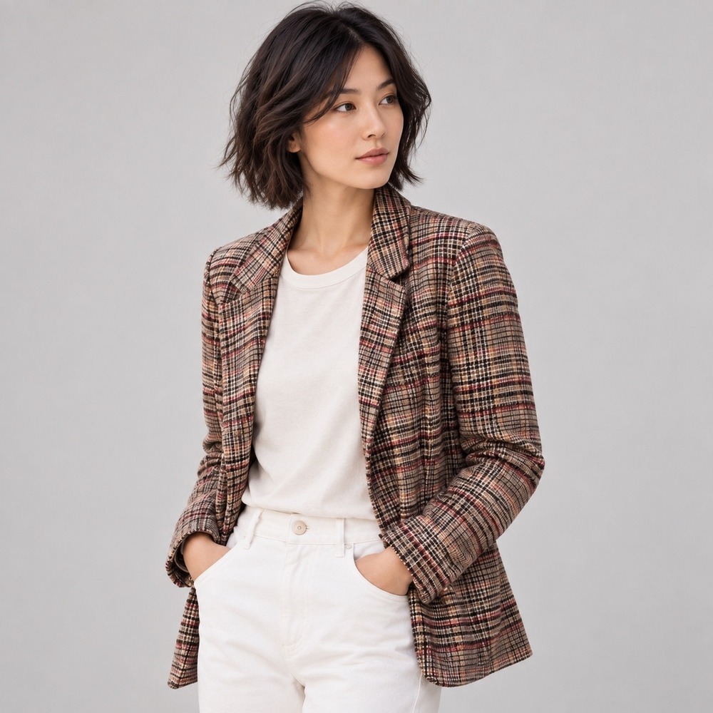 St Johns Bay Womens Brown Plaid Wool Blend Blazer Jacket PM Notched Lapel NWOT